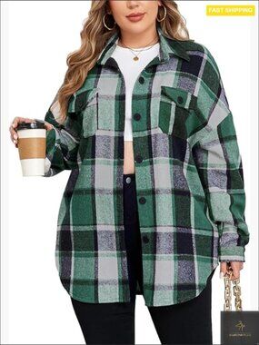 Oversized Flannel Plaid Shacket Button Down Jacket Plus Size 1X-5X Cozy Winter